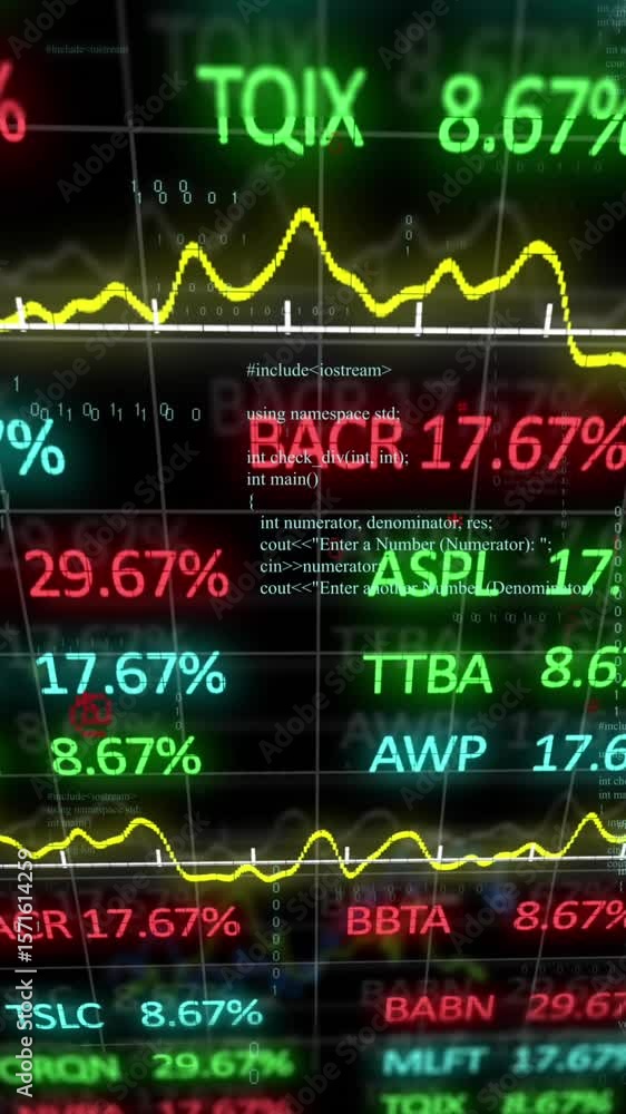 Poster animation of statistical and stock market data processing against black background