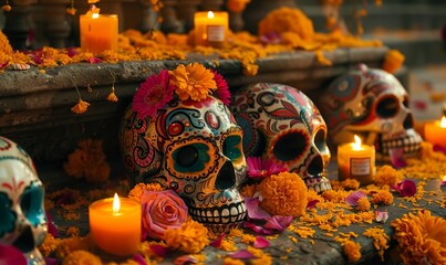 calaveras, intricately decorated sugar skulls adorned with vibrant colors and patterns