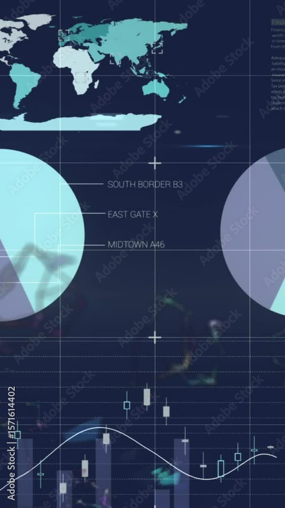 Poster animation of statistical data processing and digital wave against blue background