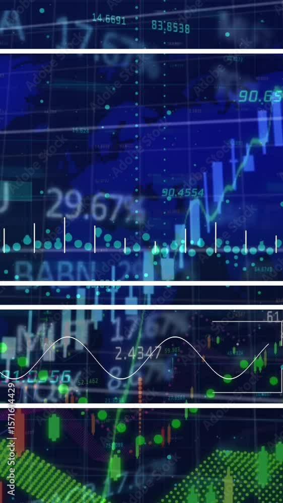 Poster animation of interface with financial and stock market data processing against world map