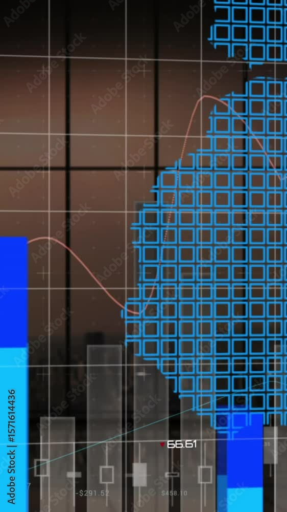 Poster animation of statistical data processing over world map against view of cityscape from office window