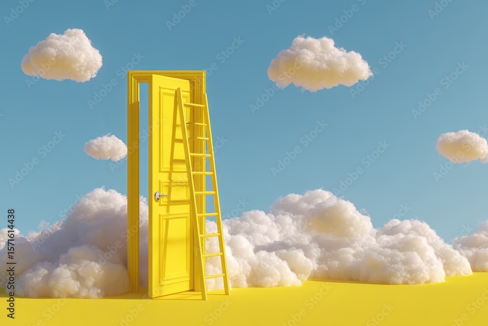 Poster bright abstract yellow background features an open door with a ladder leaning against it in a dreamy