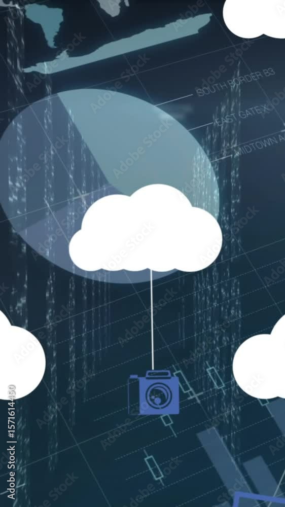 Poster animation of clouds with icons over data processing on black background