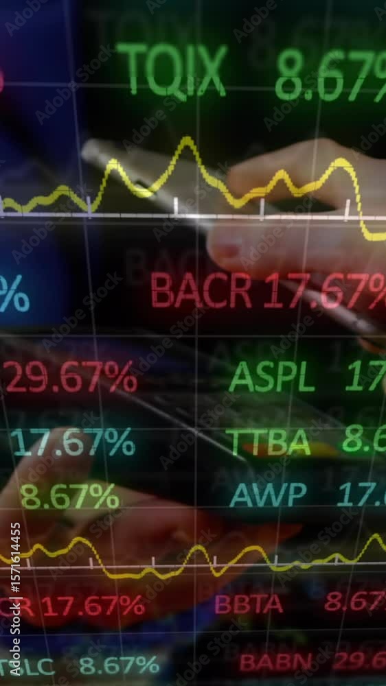 Poster animation of financial data and graphs over hands of caucasian man using payment terminal