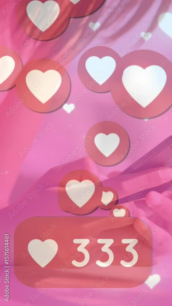 Poster animation of changing numbers in speech bubble and heart icons over woman using cellphone