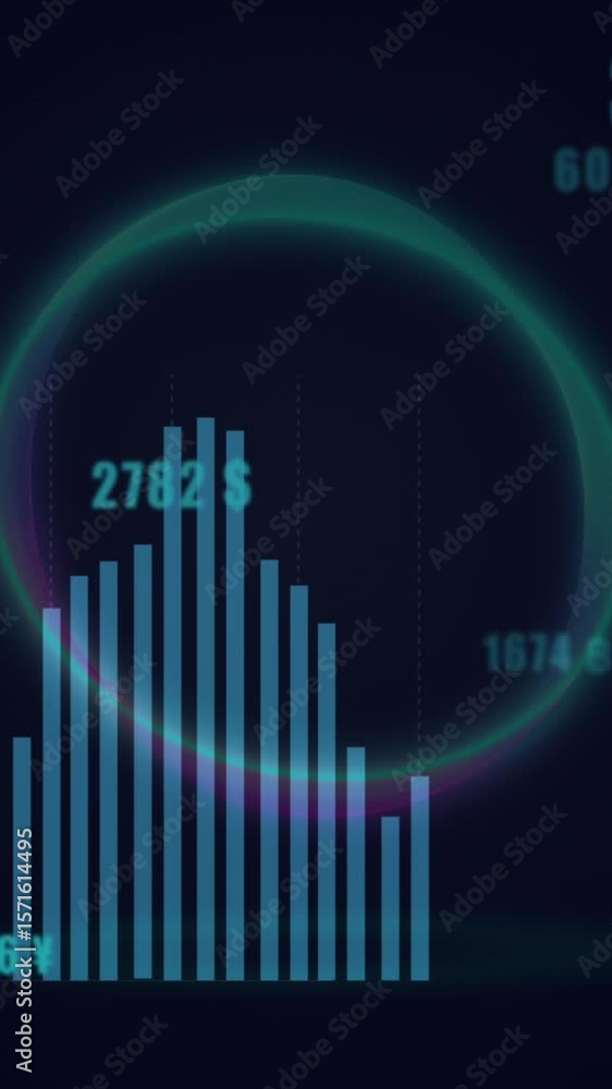 Poster animation of circle, graph, increasing numbers with multiple currency symbols on abstract background