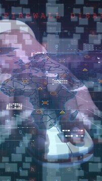 Animation of data processing over world map and hand with mouse