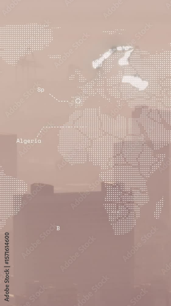 Poster animation of illuminated map with multiple countries name over fog covered modern city