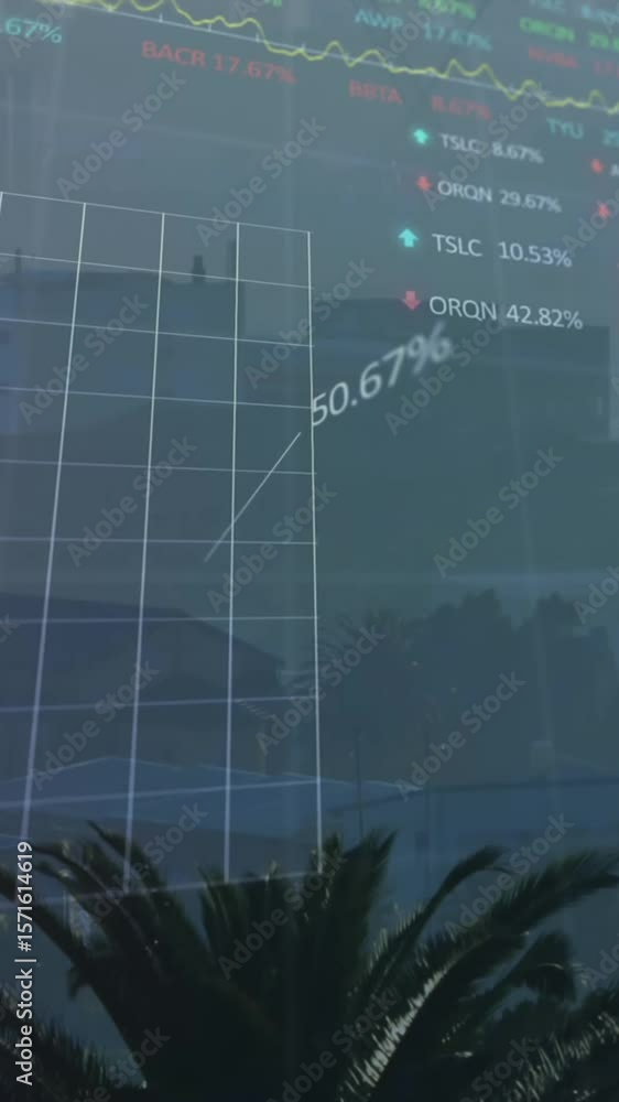 Poster animation of statistical and stock market data processing against aerial view of cityscape