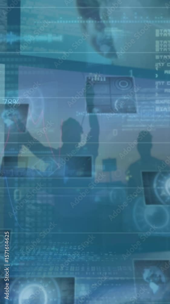 Poster animation of digital interface and data processing on screens over blue background