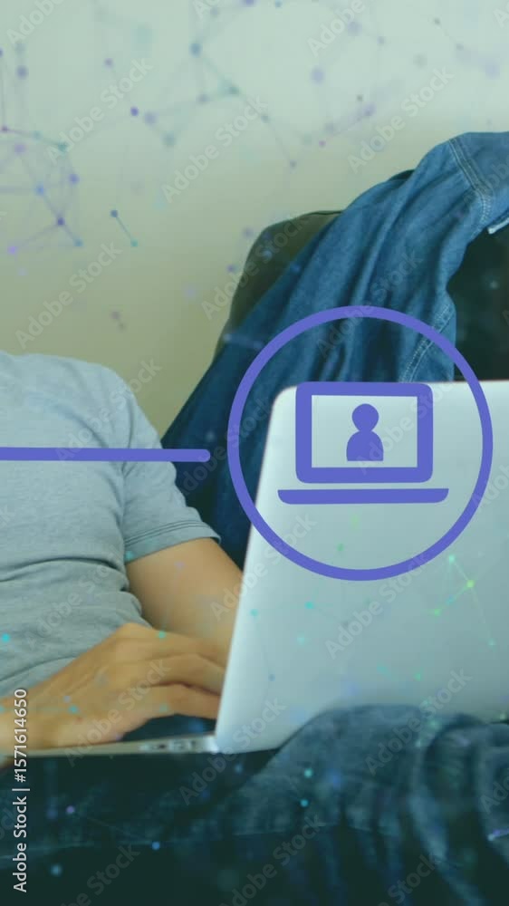 Poster animation of connected icons and dots over caucasian man sitting on sofa and working on laptop