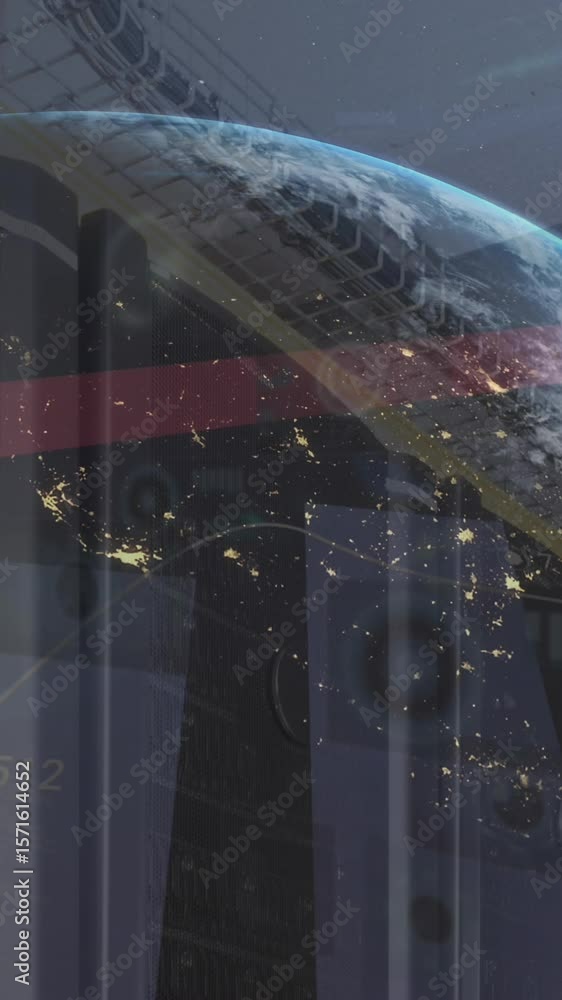 Poster animation of statistical data processing over globe against computer server room