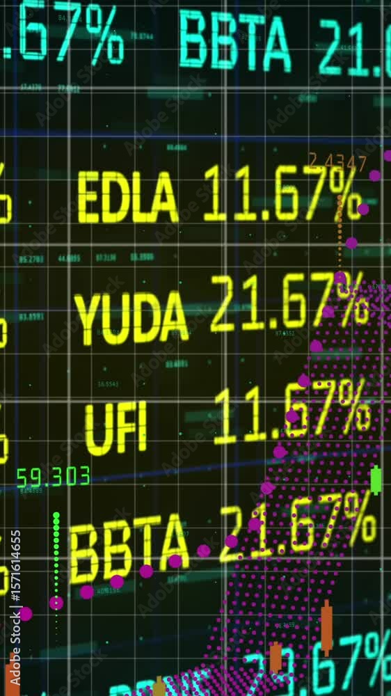 Poster animation of multiple graphs with numbers over trading board against abstract background