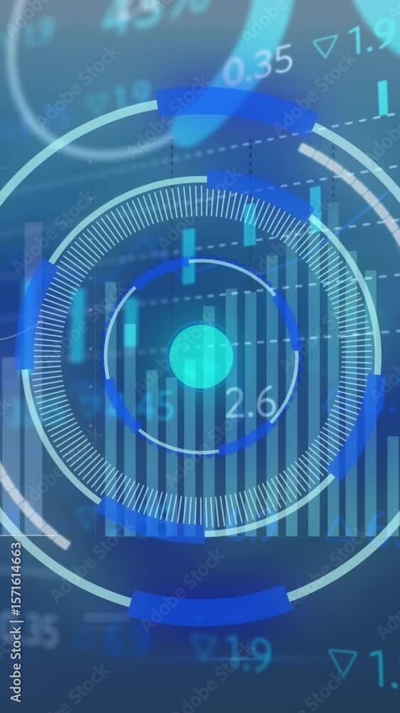 Poster animation of financial data processing over scope scanning on blue background