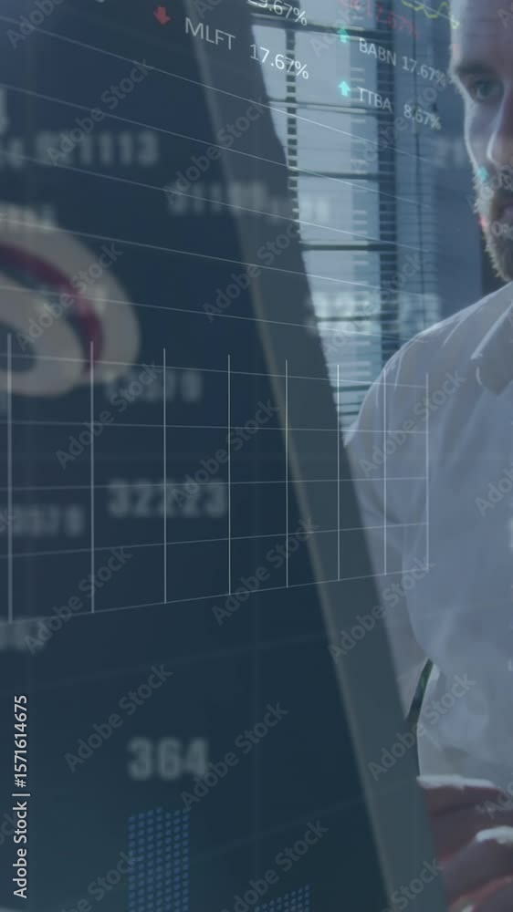 Poster animation of stock market data processing against caucasian man using computer at office