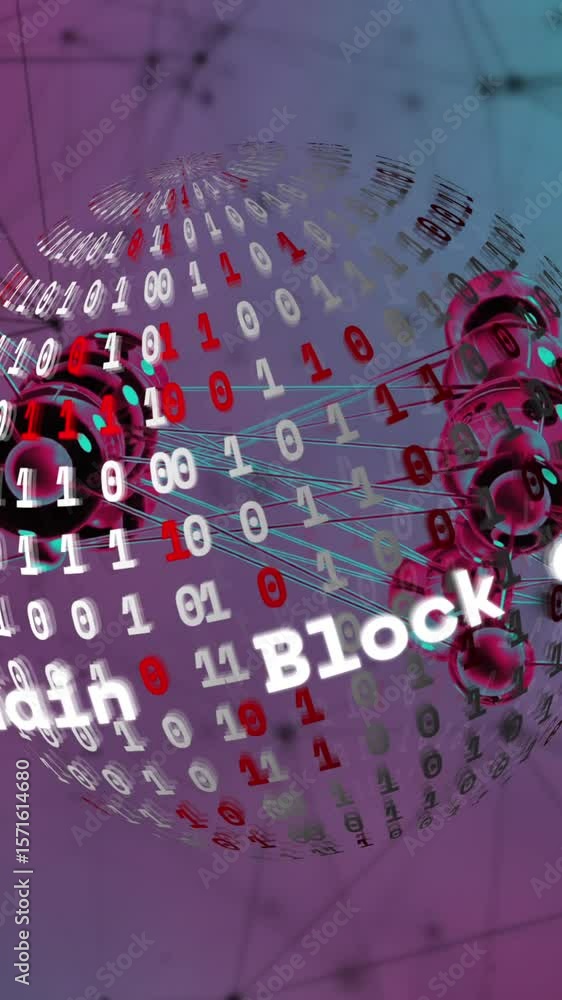 Poster animation of block chain text, globe of binary coding, connecting dots on purple gradient background