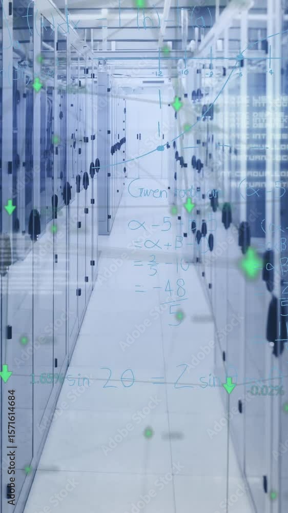 Poster animation of connected arrow over computer language and mathematical equations against server room