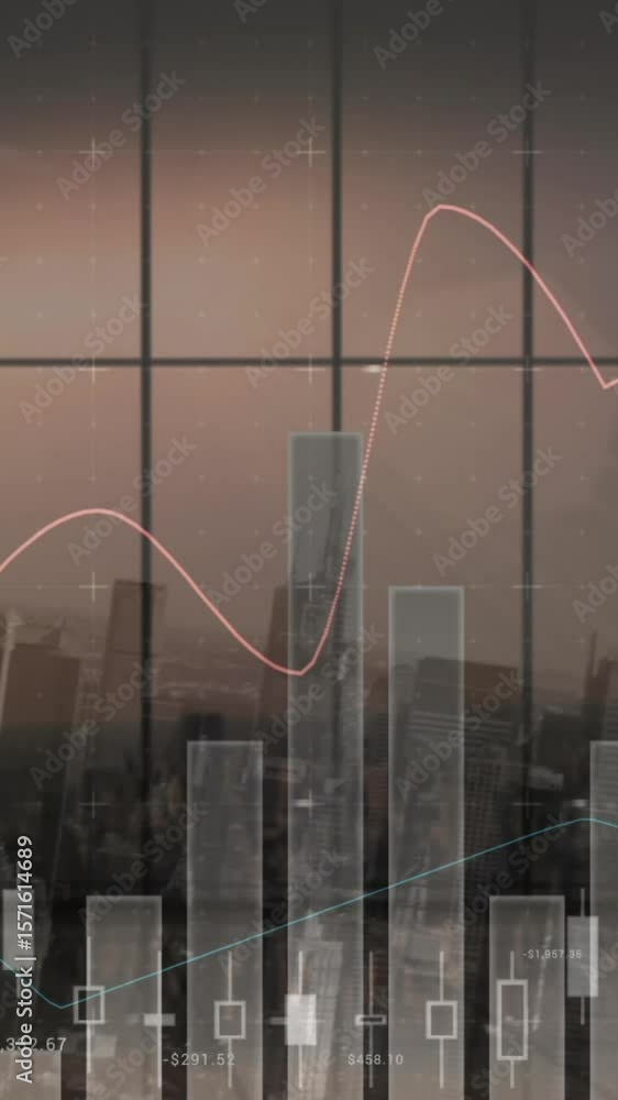 Poster animation of statistical data processing over view of cityscape from office
