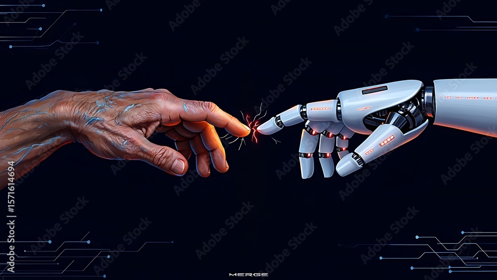 Poster the creation of adam in the digital age: human and machine unite, a spark of innovation: artificial 