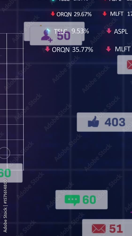 Poster animation of notification bars, graphs with changing numbers, trading board over computer language