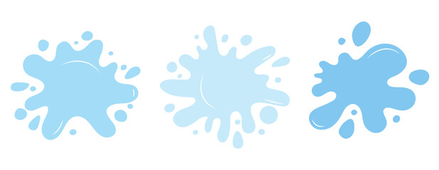 Splashes collection with uneven fluid wavy label. Blue water shapes set. Liquid watery graphic design elements, text backgrounds. Paint spot, blot, rain puddle, stain with drops, blobs for badge.