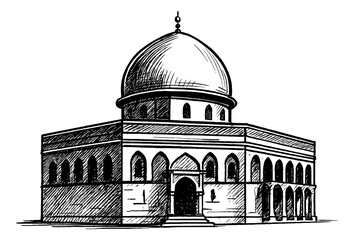 Obraz premium Detailed Line Art Drawing of Dome of the Rock in Jerusalem, Black and White Ink Sketch Style