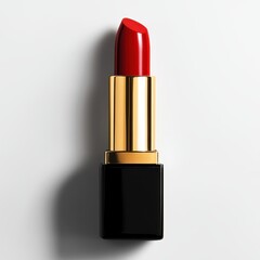 Luxurious red lipstick with gold and black casing on white background