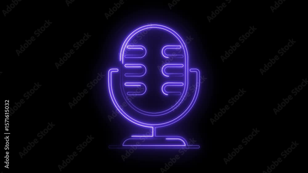 Poster Neon microphone glowing on black background with retro design for podcast or broadcast content