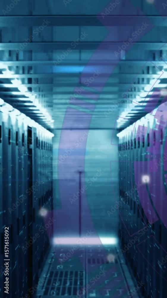 Poster animation of loading circles, bars and computer language over data server room