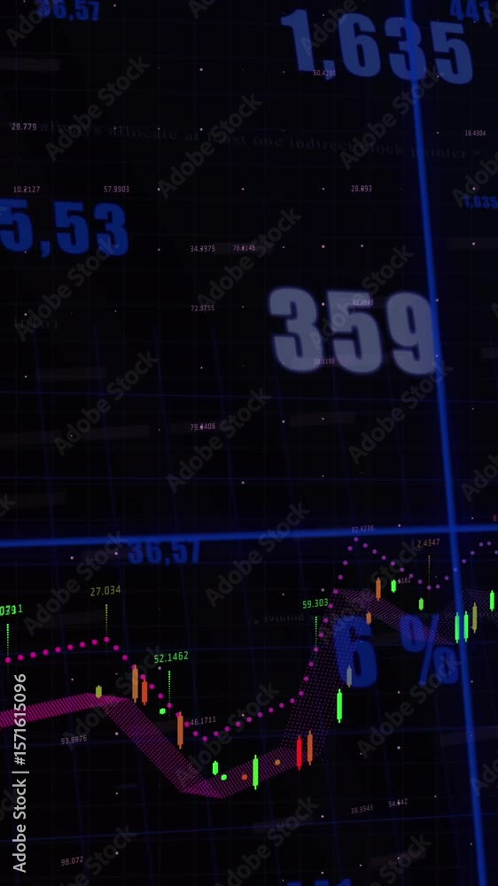 Poster animation of multiple graphs and changing numbers and grid pattern over black background