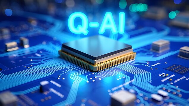 Quantum Artificial Intelligence on a Futuristic Blue Circuit Board, Modern Q-AI Technology and Processing Concept with Glowing Neon Text Overlay
