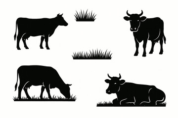 Vector Set of Cows in Different Poses with Grass Silhouettes — Grazing Meadow Animals