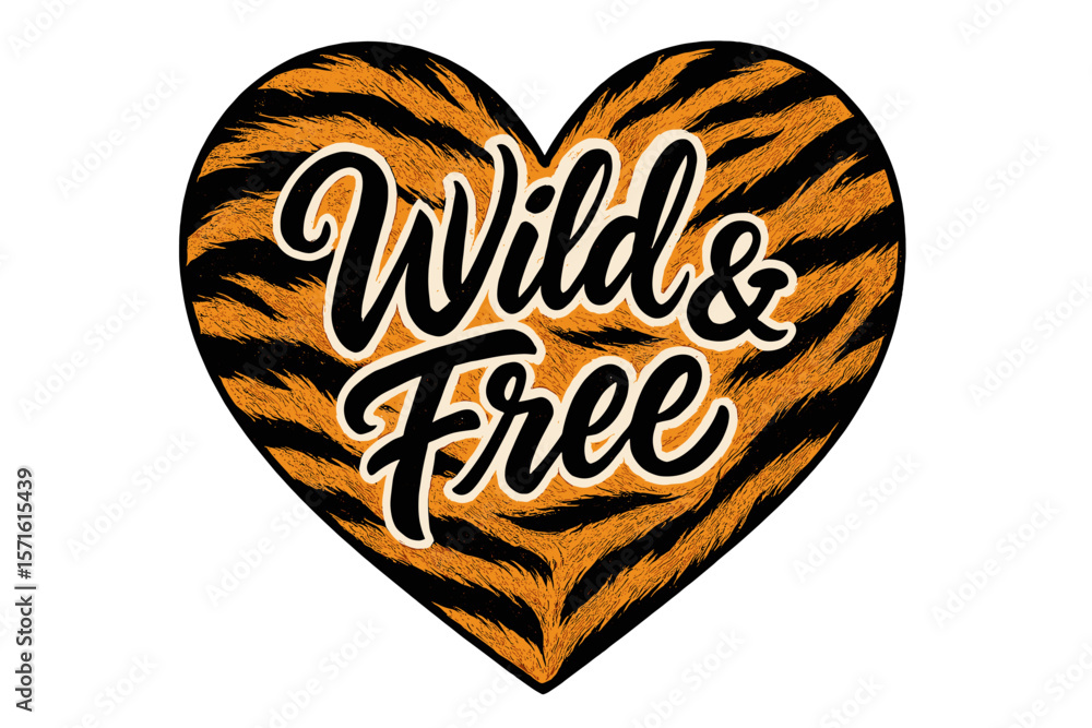 Poster wild and free design featuring a vibrant tiger stripe pattern on a heart shape emphasizing individua