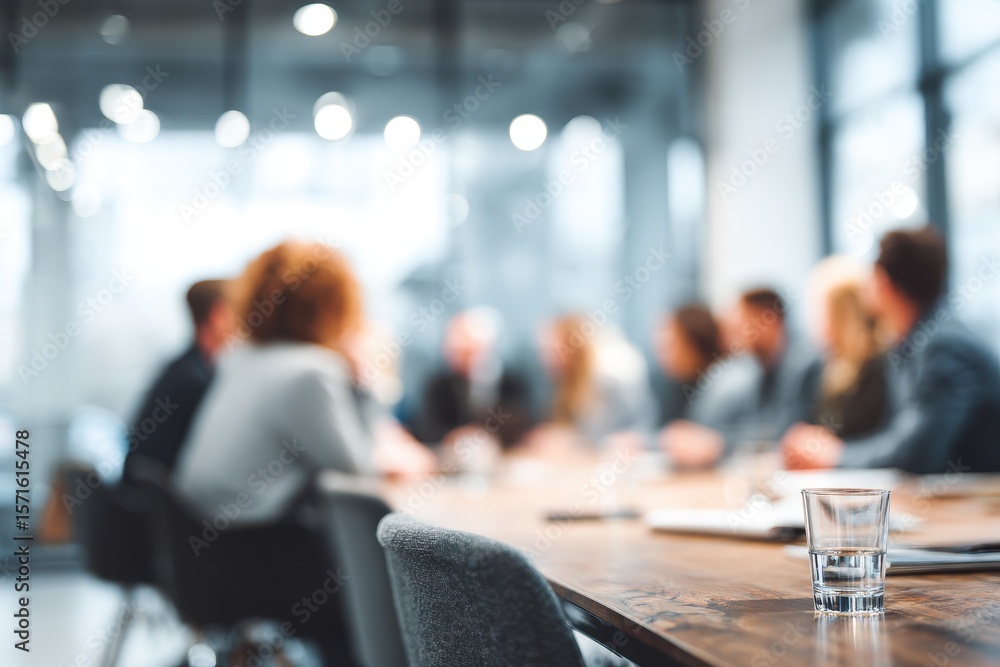 Poster panoramic view of a collaborative business meeting with professionals discussing strategies in a mod