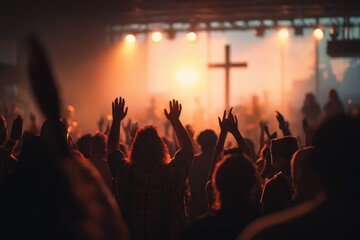 Group of Christians worship together, raising their hands in praise during a vibrant evening service in a lively atmosphere