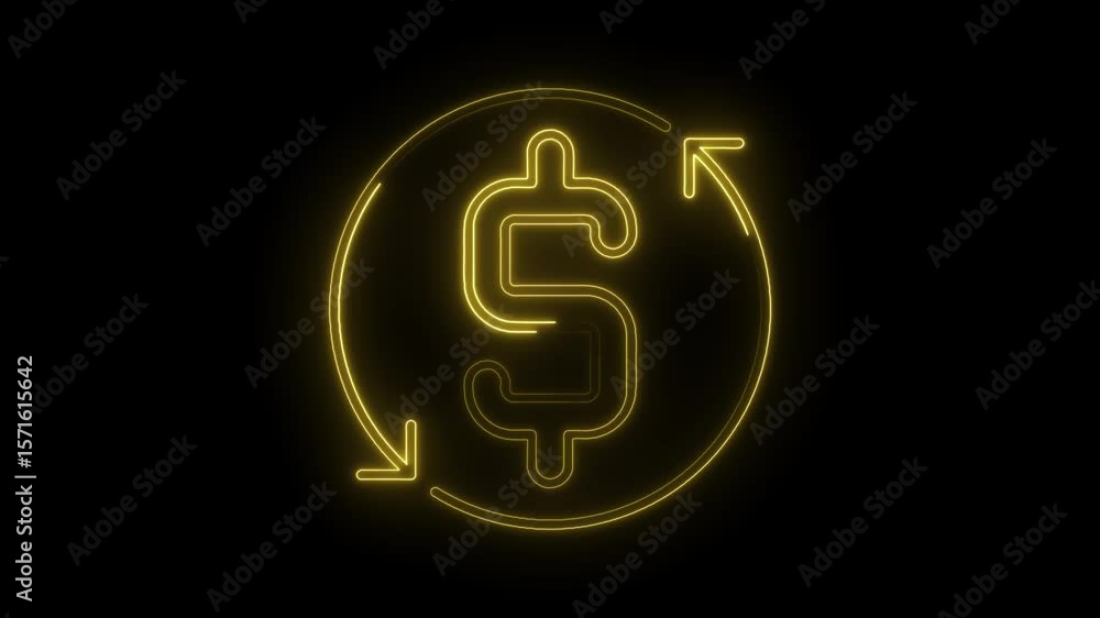 Poster golden dollar symbol animated in a circular motion with neon effect on black background