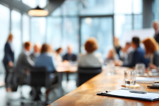 Panoramic view showcasing a business meeting in a modern boardroom on a bright afternoon with focused discussions among team members