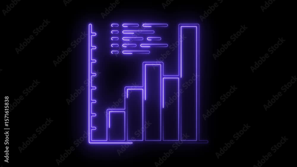 Poster futuristic glowing neon bar chart animation on black background for financial data visualization