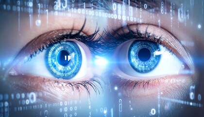 Close-up of two blue eyes with digital code overlay, futuristic