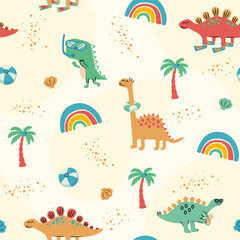 Dinosaurs on the beach summer seamless pattern. Cute cartoon dino with lifebuoy, surfboard, fins, palm, rainbow, and lemonade in flat style.	