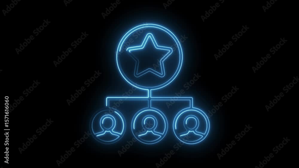 Poster neon style team leader organization chart animation with star and hierarchy on black background