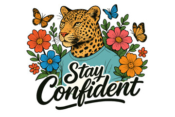 Colorful artwork featuring a leopard with flowers and butterflies, promoting a message of confidence and positivity