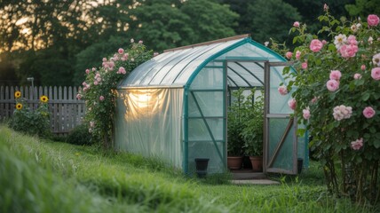 Serene Greenhouse in Blooming Garden: A charming greenhouse nestles amidst a lush, green garden adorned with vibrant roses and sunflowers, bathed in the warm glow of the setting sun.
