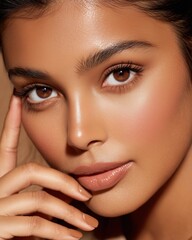Fototapeta premium Beautiful woman showcasing luminous skin with subtle nude lipstick makeup