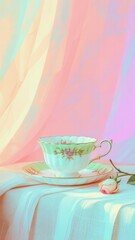 Teacup and Rose: A porcelain teacup and delicate rose create a serene ambiance against a pastel backdrop, evoking feelings of peace and simple joys.