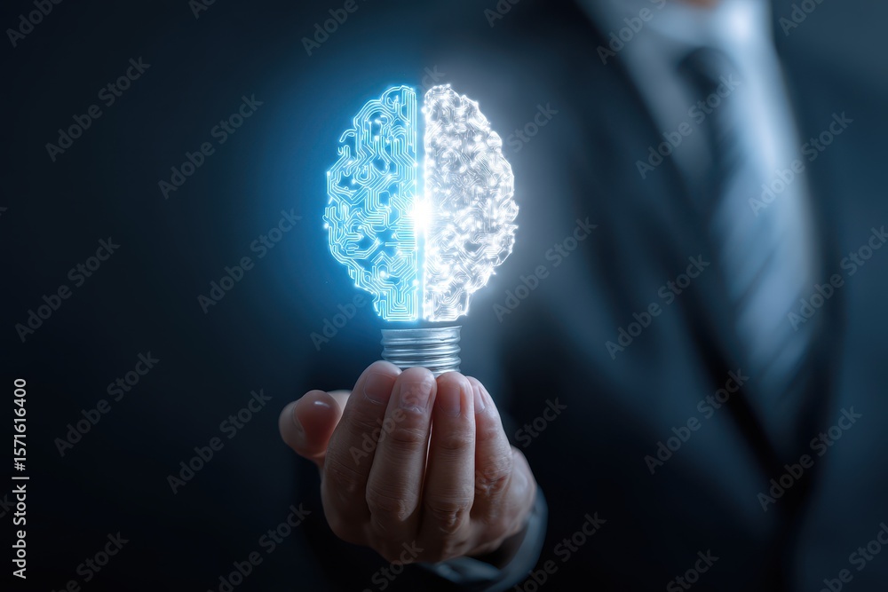 Poster glowing lightbulb representing futuristic technology and innovation in a business setting with a foc