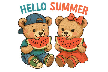 Cute bears enjoying watermelon while celebrating summer at a sunny picnic