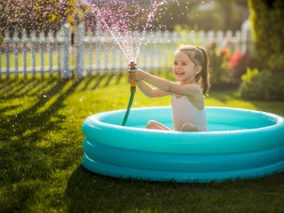 Summer Playtime: A joyful girl splashes in a backyard pool, delighting in the refreshing spray of water on a sunny day, surrounded by the vibrant greenery of the garden.