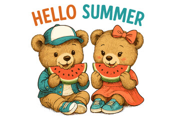 Cute bears enjoying watermelon celebrate summer in bright colors outdoors
