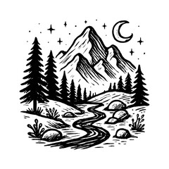 Black and White Engraved Style Landscape with Mountain River and Moon Art